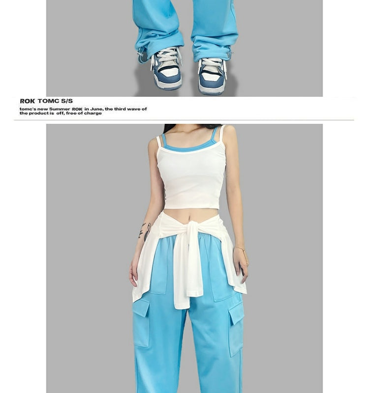 ROKBBK-K/Rokbbk-K Street Dance Fashion Brand Sky Blue Pocket Jazz DancingjazzTrousers Women's Sports Hip Hop Costume