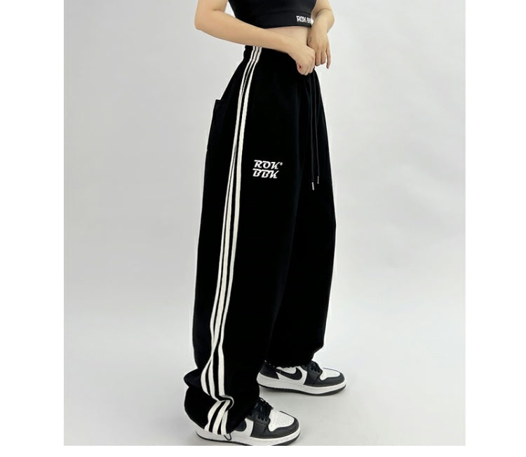 ROKBBK-K/Rokbbk-K Gray Trousers Street DancehiphopThree-Stripe Track Pants Women's Slimming and Straight Loose Fashion