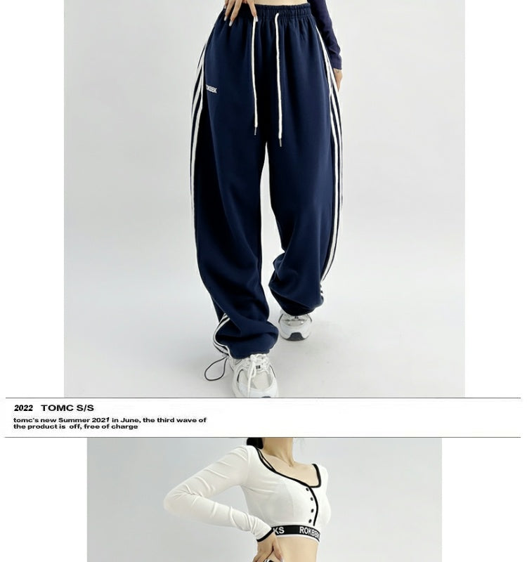 ROKBBK-K/Rokbbk-K Hip Hop Fashion Brand Three-Stripe Track Pants Jazz Dance Hip-Hop Pants Women's Trendy Straight Thin Women