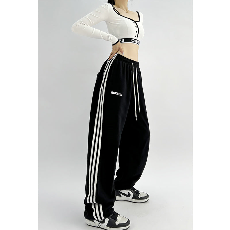 ROKBBK-K/Rokbbk-K Hip Hop Fashion Brand Three-Stripe Track Pants Jazz Dance Hip-Hop Pants Women's Trendy Straight Thin Women