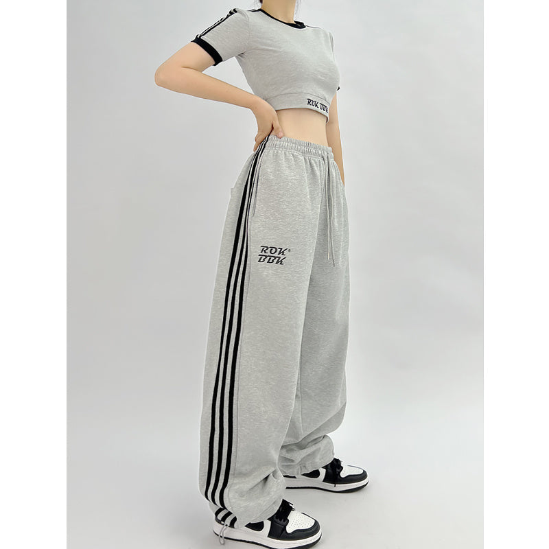 ROKBBK-K/Rokbbk-K Gray Trousers Street DancehiphopThree-Stripe Track Pants Women's Slimming and Straight Loose Fashion