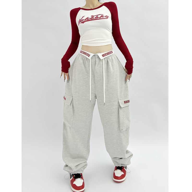 ROKBBK-K/Rokbbk-K New Embroidered Waist Pants Jazz Hip Hop Sports Pants Female Loose American High Street