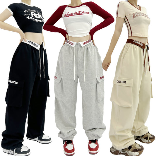 ROKBBK-K/Rokbbk-K New Embroidered Waist Pants Jazz Hip Hop Sports Pants Female Loose American High Street