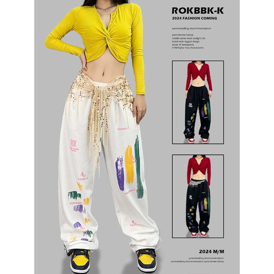 ROKBBK－K/Rokbbk-K Hip Hop Fashion Brand Colorful Cherry Blossom JazzhiphopSuit Women's Dancing Sports Trousers Tide