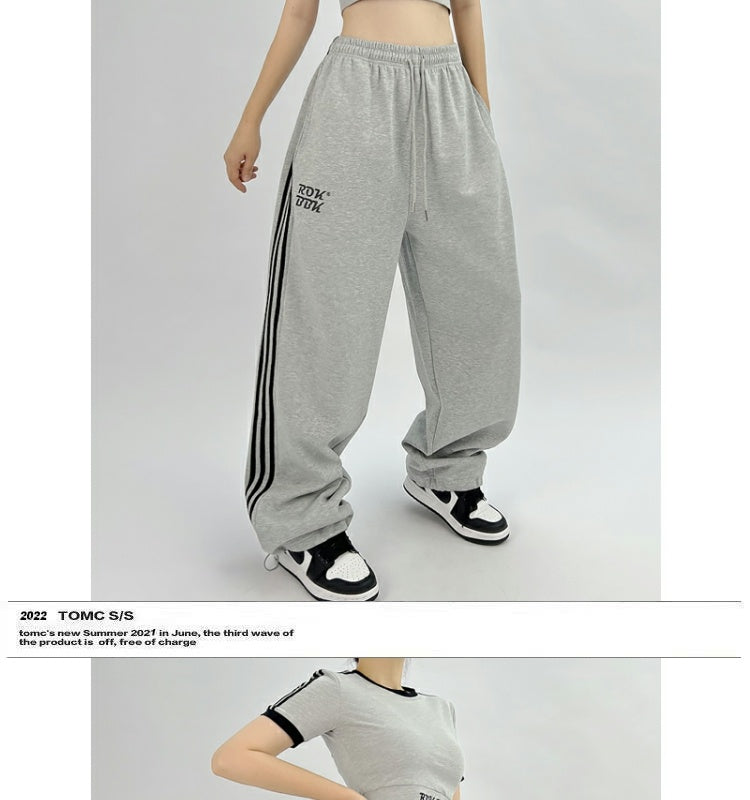 ROKBBK-K/Rokbbk-K Gray Trousers Street DancehiphopThree-Stripe Track Pants Women's Slimming and Straight Loose Fashion