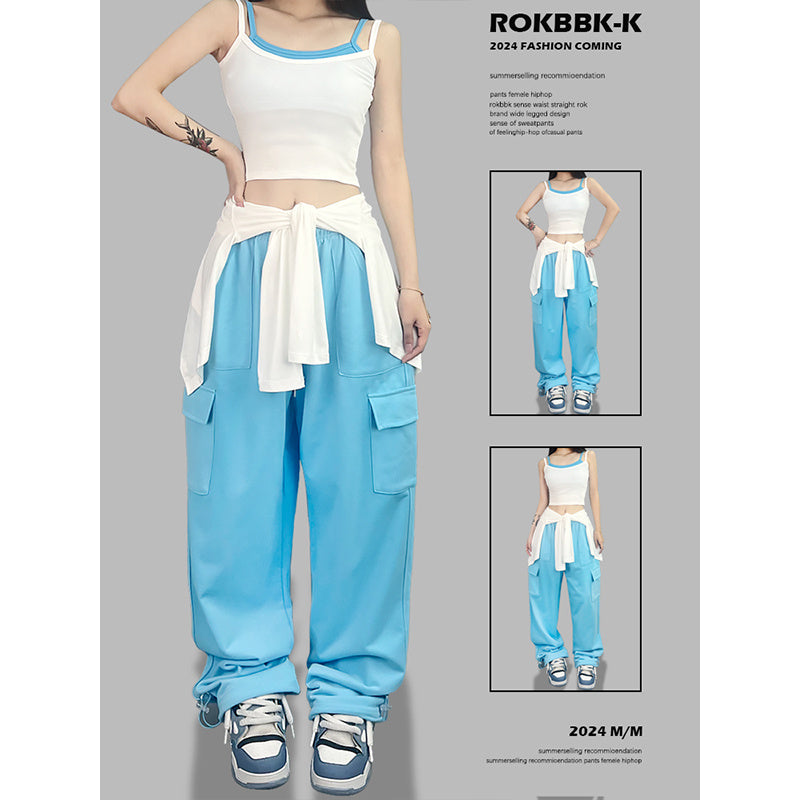 ROKBBK-K/Rokbbk-K Street Dance Fashion Brand Sky Blue Pocket Jazz DancingjazzTrousers Women's Sports Hip Hop Costume