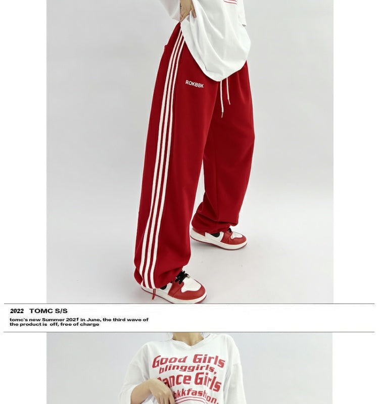 ROKBBK-K/Rokbbk-K Hip Hop Fashion Brand Three-Stripe Track Pants Jazz Dance Hip-Hop Pants Women's Trendy Straight Thin Women