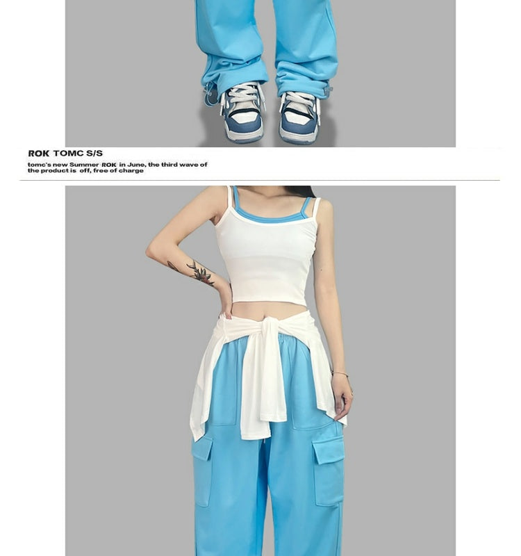 ROKBBK-K/Rokbbk-K Street Dance Fashion Brand Sky Blue Pocket Jazz DancingjazzTrousers Women's Sports Hip Hop Costume