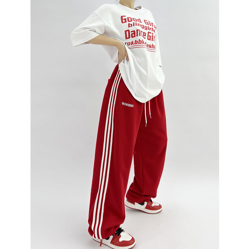 ROKBBK-K/Rokbbk-K Hip Hop Fashion Brand Three-Stripe Track Pants Jazz Dance Hip-Hop Pants Women's Trendy Straight Thin Women