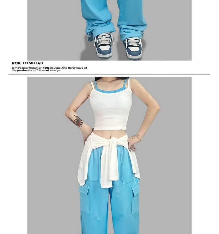 ROKBBK-K/Rokbbk-K Street Dance Fashion Brand Sky Blue Pocket Jazz DancingjazzTrousers Women's Sports Hip Hop Costume