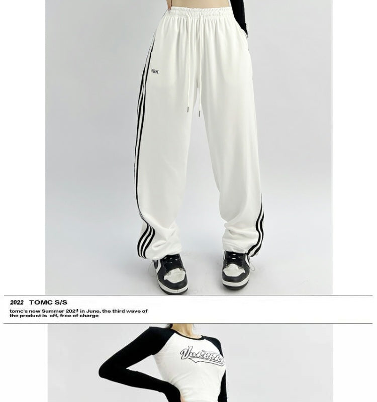 ROKBBK-K/Rokbbk-K Hip Hop Fashion Brand Three-Stripe Track Pants Jazz Dance Hip-Hop Pants Women's Trendy Straight Thin Women