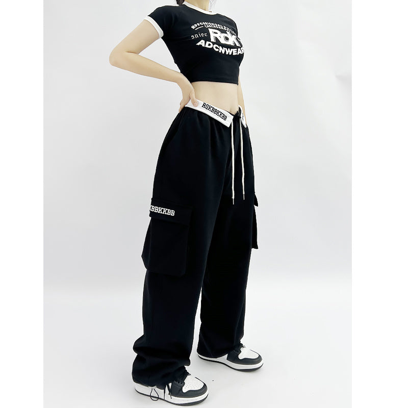 ROKBBK-K/Rokbbk-K New Embroidered Waist Pants Jazz Hip Hop Sports Pants Female Loose American High Street