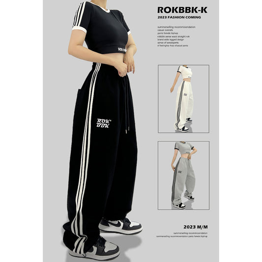 ROKBBK-K/Rokbbk-K Street DancehiphopThree-Stripe Track Pants Jazz DancejazzWomen's Black and White Pants