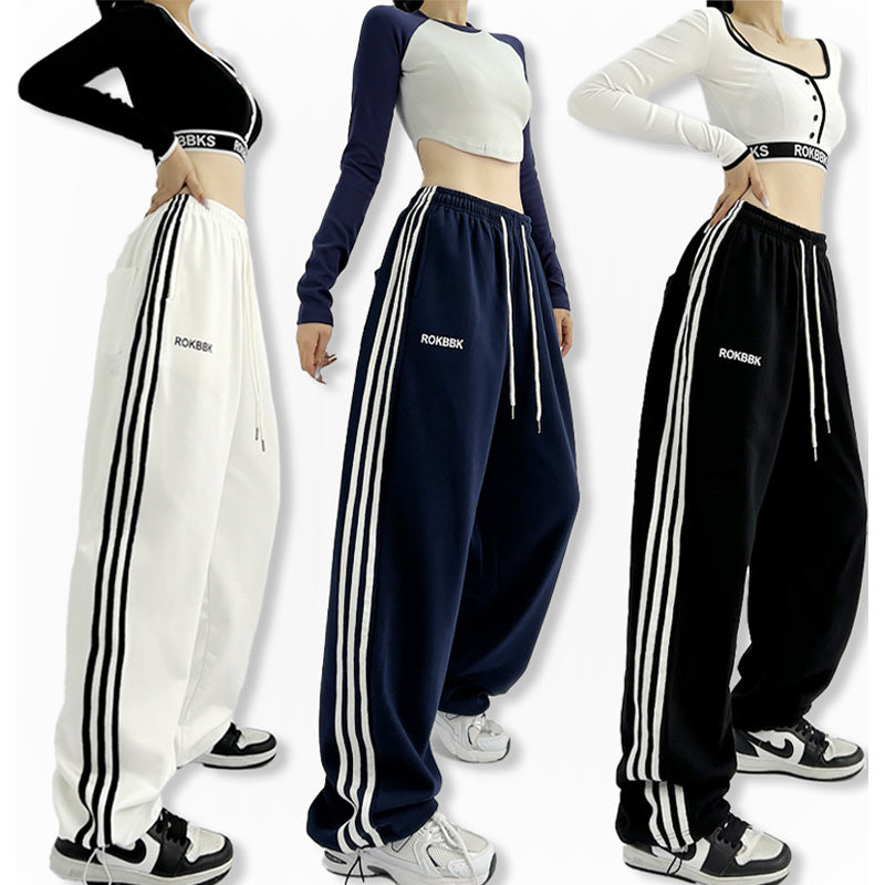 ROKBBK-K/Rokbbk-K Hip Hop Fashion Brand Three-Stripe Track Pants Jazz Dance Hip-Hop Pants Women's Trendy Straight Thin Women