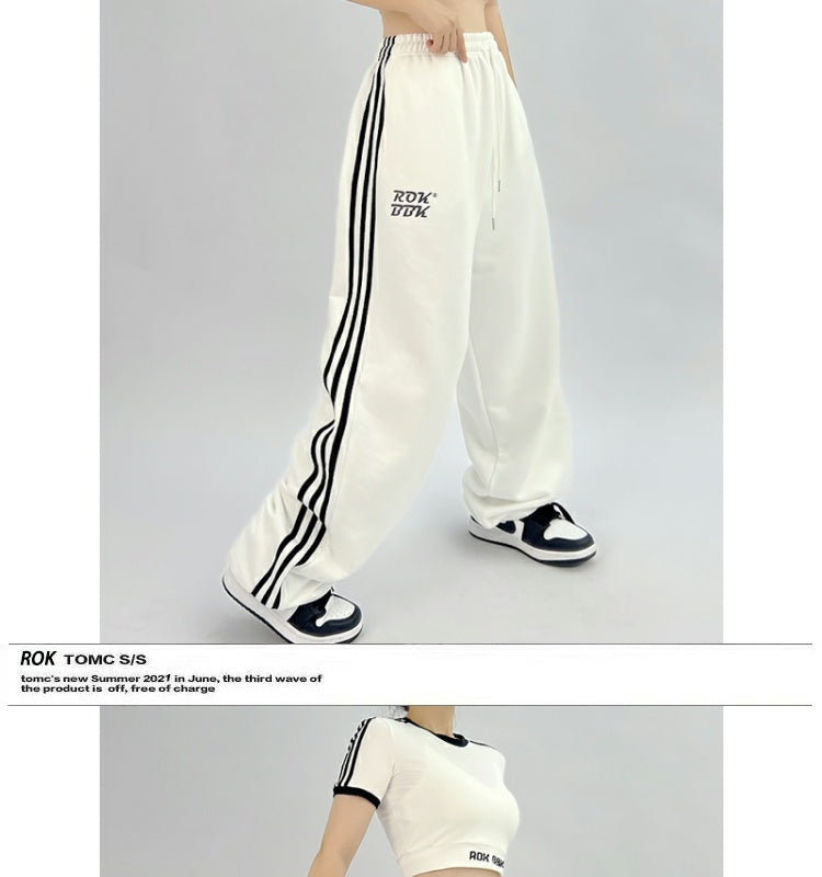 ROKBBK-K/Rokbbk-K Gray Trousers Street DancehiphopThree-Stripe Track Pants Women's Slimming and Straight Loose Fashion