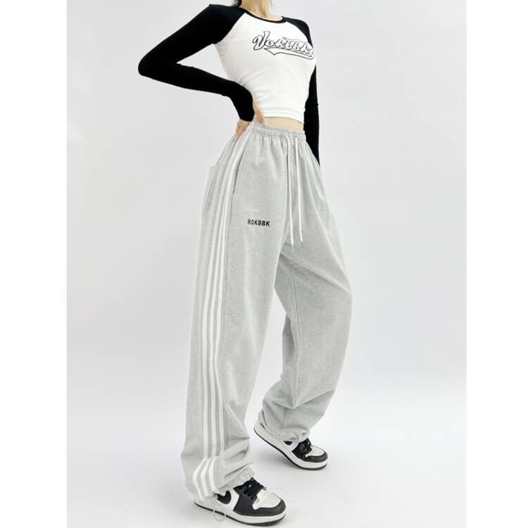 ROKBBK-K/Rokbbk-K Hip Hop Fashion Brand Three-Stripe Track Pants Jazz Dance Hip-Hop Pants Women's Trendy Straight Thin Women