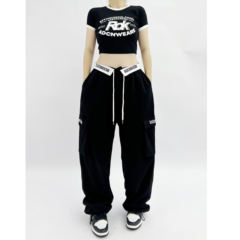 ROKBBK-K/Rokbbk-K New Embroidered Waist Pants Jazz Hip Hop Sports Pants Female Loose American High Street