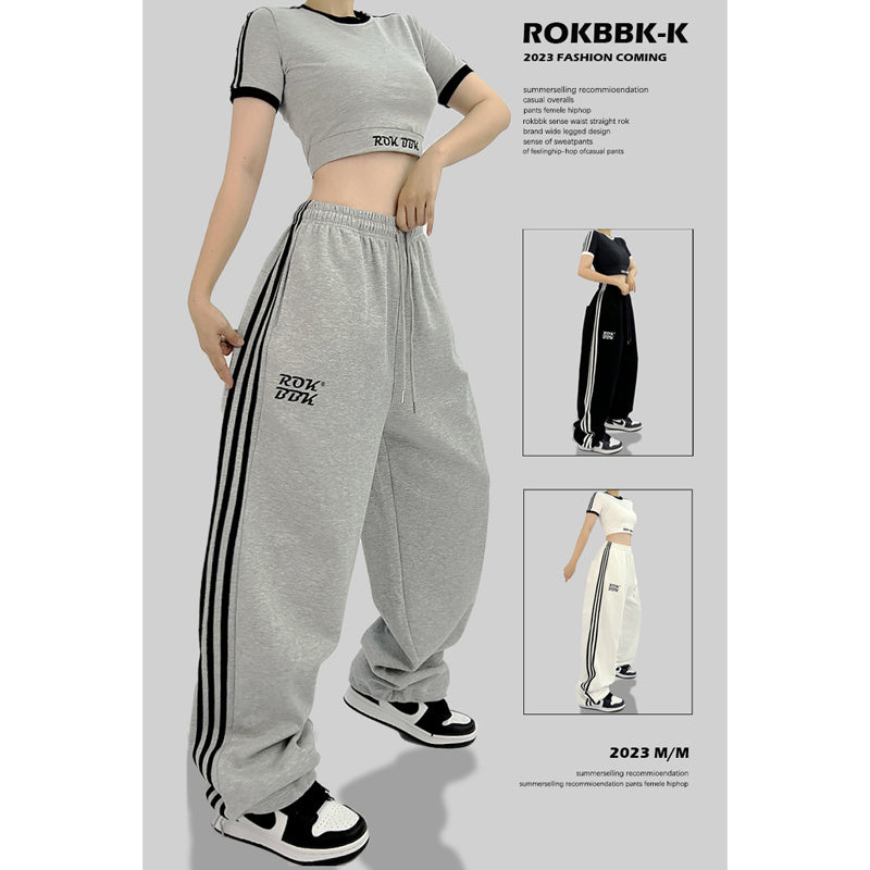 ROKBBK-K/Rokbbk-K Gray Trousers Street DancehiphopThree-Stripe Track Pants Women's Slimming and Straight Loose Fashion