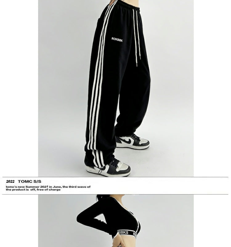 ROKBBK-K/Rokbbk-K Hip Hop Fashion Brand Three-Stripe Track Pants Jazz Dance Hip-Hop Pants Women's Trendy Straight Thin Women